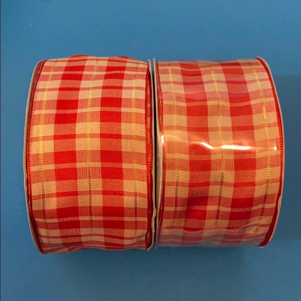 2 rolls red plaid Christmas ribbon wire edge